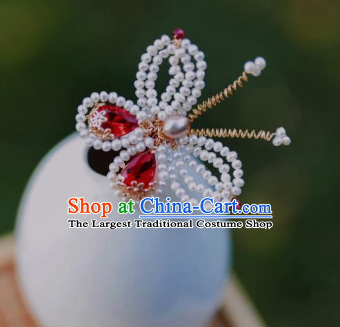 Chinese Traditional Hanfu Crystal Hairpin Ancient Ming Dynasty Princess Beads Butterfly Hair Stick