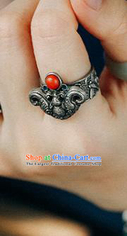 China Traditional Circlet Handmade Silver Carving Bat Ring Jewelry Accessories