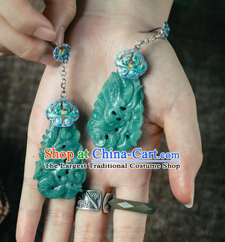 Handmade Chinese Classical Cheongsam Enamel Earrings Accessories Jade Carving Eardrop Traditional Ear Jewelry