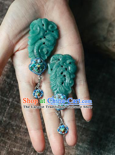 Handmade Chinese Classical Cheongsam Enamel Earrings Accessories Jade Carving Eardrop Traditional Ear Jewelry