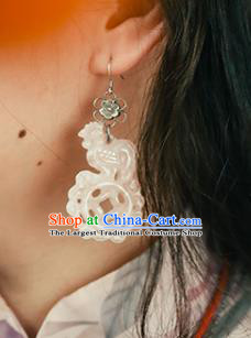 Handmade Chinese White Jade Cock Eardrop Traditional Ear Jewelry Classical Cheongsam Earrings Accessories
