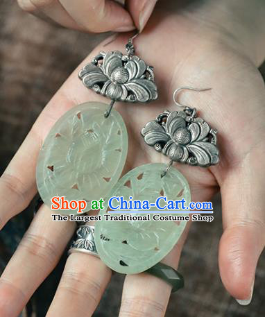 Handmade Chinese Silver Carving Peony Eardrop Traditional Ear Jewelry Classical Cheongsam Jade Earrings Accessories