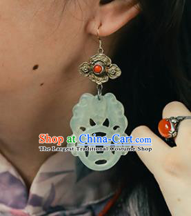 Handmade Chinese Classical Cheongsam Jade Butterfly Earrings Accessories Silver Carving Eardrop Traditional Ear Jewelry