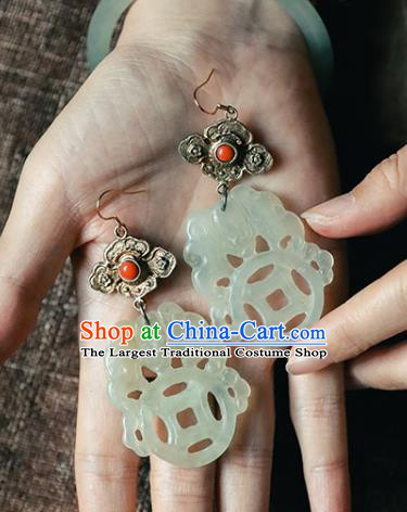 Handmade Chinese Classical Cheongsam Jade Butterfly Earrings Accessories Silver Carving Eardrop Traditional Ear Jewelry