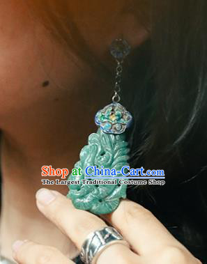 Handmade Chinese Classical Cheongsam Green Jade Earrings Accessories Silver Eardrop Traditional Cloisonne Ear Jewelry