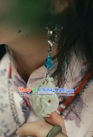 Handmade Chinese Traditional Ear Jewelry Classical Cheongsam Silver Orchid Earrings Accessories Jade Eardrop