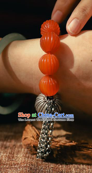 China Classical Agate Beads Wristlet Chain Bangle Jewelry Traditional Silver Pumpkin Bracelet Accessories
