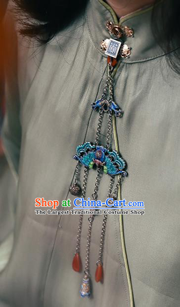 China Classical Cloisonne Breastpin Jewelry Traditional Cheongsam Collar Pendant Accessories Silver Bells Tassel Brooch