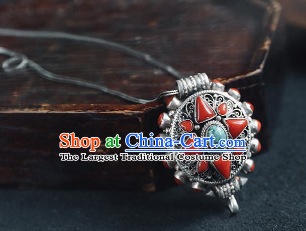 Chinese Classical Kallaite Jewelry National Silver Carving Necklace Handmade Ethnic Necklet Accessories