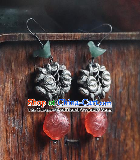 Handmade Chinese Traditional Red Coloured Glaze Ear Jewelry Classical Cheongsam Earrings Accessories Silver Flowers Eardrop