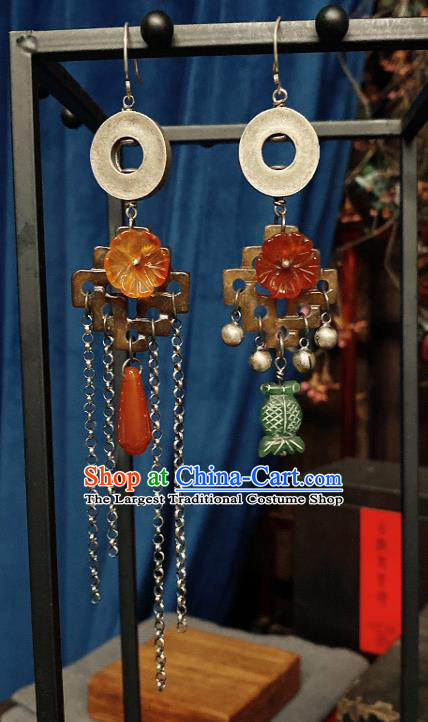 Handmade Chinese Wedding Eardrop Traditional Agate Ear Jewelry Classical Cheongsam Silver Earrings Accessories