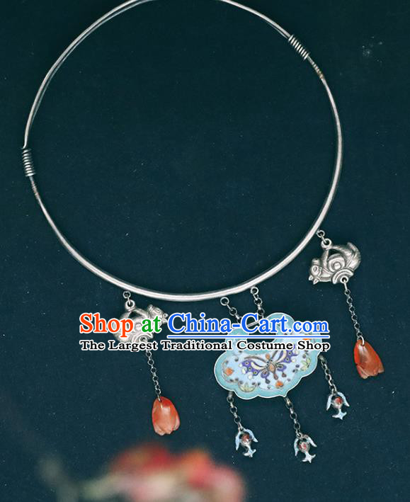 Chinese Classical Jewelry National Silver Carving Necklace Handmade Ethnic Blueing Butterfly Necklet Accessories