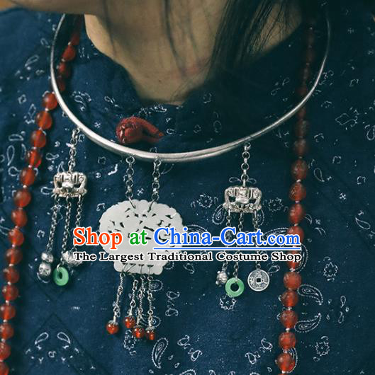 Chinese Jade Longevity Lock Handmade Ethnic Necklet Accessories Classical Jewelry National Silver Necklace