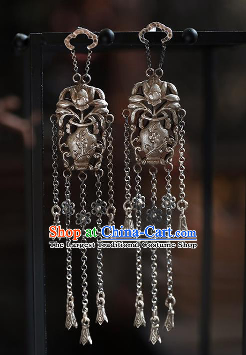 Handmade Chinese Traditional Tassel Ear Jewelry Classical Cheongsam Earrings Accessories Silver Flowers Vase Eardrop