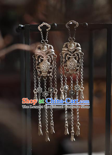 Handmade Chinese Traditional Tassel Ear Jewelry Classical Cheongsam Earrings Accessories Silver Flowers Vase Eardrop