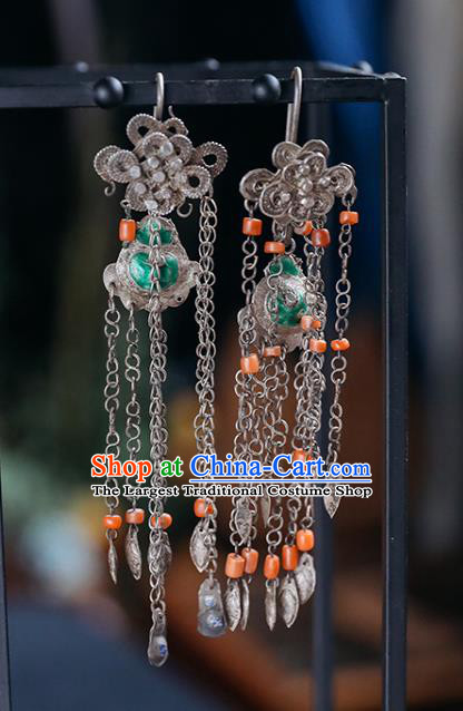 Handmade Chinese Traditional Enamel Gourd Ear Jewelry Classical Cheongsam Earrings Accessories Agate Tassel Silver Eardrop