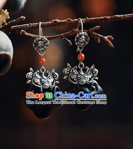 Handmade Chinese Classical Cheongsam Silver Carving Bat Earrings Accessories Traditional Ear Jewelry Ebony Eardrop