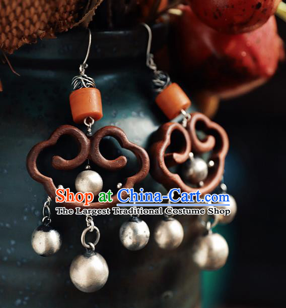 Handmade Chinese Wood Eardrop Accessories Traditional Ear Jewelry Classical Cheongsam Silver Bells Tassel Earrings