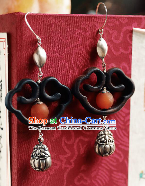 Handmade Chinese Ebony Eardrop Accessories Classical Cheongsam Silver Earrings Traditional Ear Jewelry