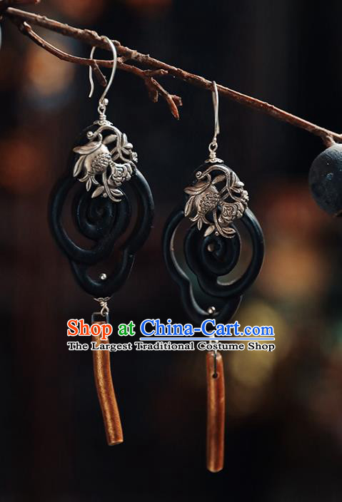 Handmade Chinese Classical Cheongsam Silver Earrings Traditional Ear Jewelry Ebony Eardrop Accessories