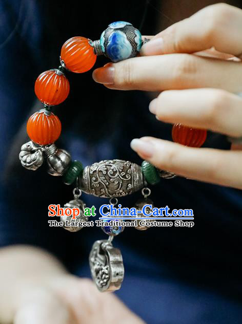 China Traditional Silver Bracelet Accessories Agate Beads Wristlet Classical Bangle Jewelry