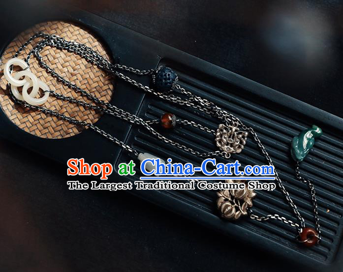 Chinese National Jade Necklace Classical Cheongsam Jewelry Handmade Ethnic Silver Tassel Necklet Accessories