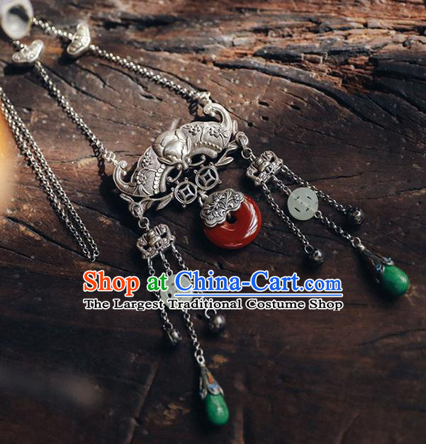 Chinese National Jade Tassel Necklace Classical Cheongsam Jewelry Longevity Lock Accessories Handmade Ethnic Silver Bat Necklet