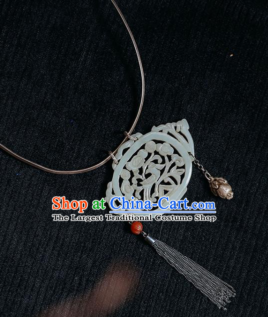 Chinese Classical Jewelry National Silver Necklace Handmade Ethnic Jade Carving Teapot Necklet Accessories