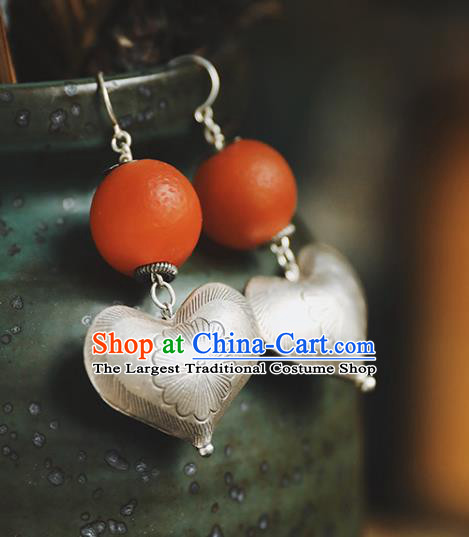 Handmade Chinese Traditional Silver Heart Ear Jewelry Classical Cheongsam Earrings Accessories Beeswax Eardrop