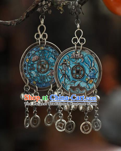 Handmade Chinese Wedding Blueing Eardrop Classical Cheongsam Silver Earrings Accessories Traditional Bells Tassel Ear Jewelry