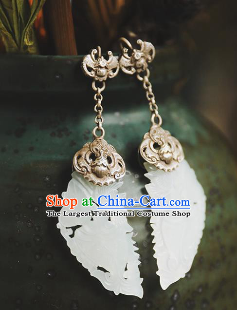 Handmade Chinese Silver Bat Eardrop Classical Cheongsam Earrings Accessories Traditional White Jade Ear Jewelry
