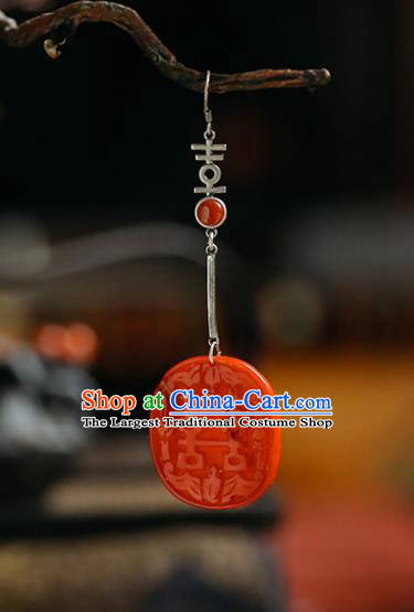 Handmade Chinese Traditional Wedding Red Eardrop Classical Cheongsam Earrings Accessories Silver Ear Jewelry