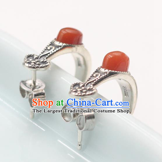 Handmade Chinese Agate Ear Jewelry Traditional Silver Eardrop Classical Earrings Accessories