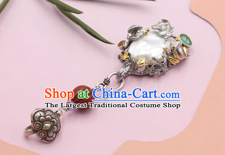 Chinese Classical Silver Lotus Brooch Handmade National Pearl Breastpin Pendant Cheongsam Jewelry Accessories