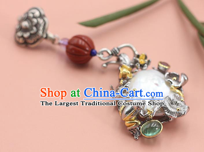 Chinese Classical Silver Lotus Brooch Handmade National Pearl Breastpin Pendant Cheongsam Jewelry Accessories