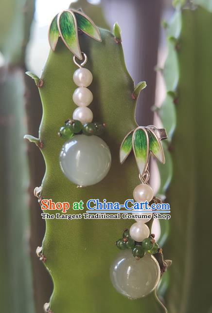 Handmade Chinese Enamel Bamboo Leaf Ear Jewelry Traditional Eardrop Classical Pearls Earrings Accessories