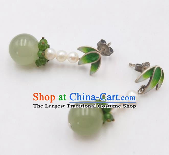 Handmade Chinese Enamel Bamboo Leaf Ear Jewelry Traditional Eardrop Classical Pearls Earrings Accessories