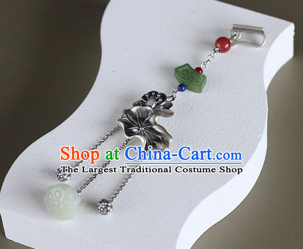 Chinese Handmade National Jade Tassel Breastpin Pendant Cheongsam Jewelry Accessories Classical Silver Lotus Brooch