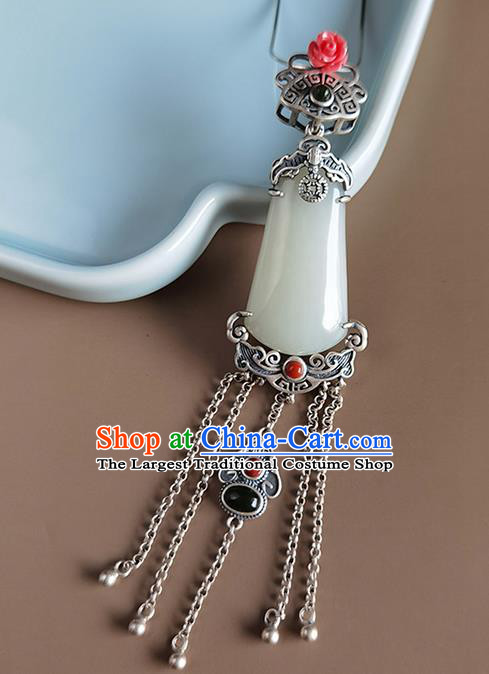 Chinese Classical Jade Brooch Handmade National Silver Tassel Breastpin Pendant Cheongsam Jewelry Accessories
