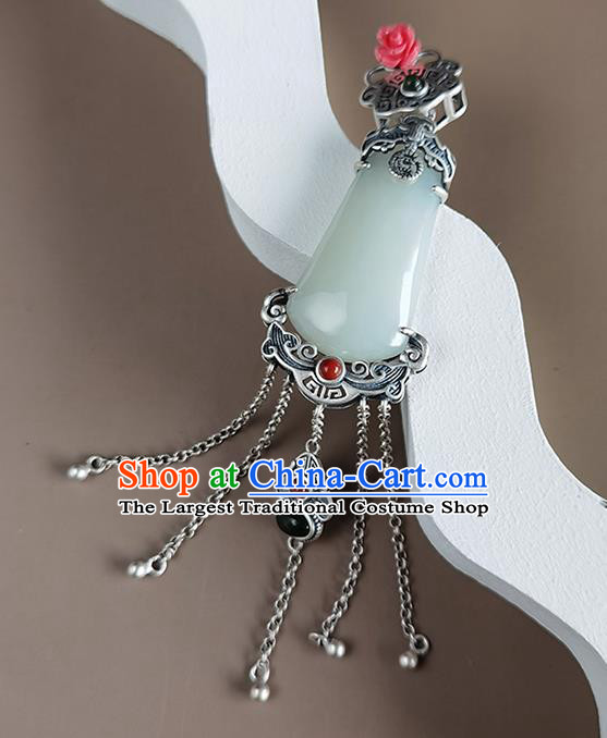 Chinese Classical Jade Brooch Handmade National Silver Tassel Breastpin Pendant Cheongsam Jewelry Accessories