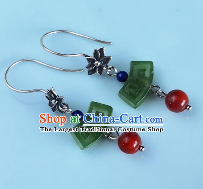Handmade Chinese Traditional Jade Eardrop Classical Earrings Accessories Cheongsam Silver Lotus Ear Jewelry