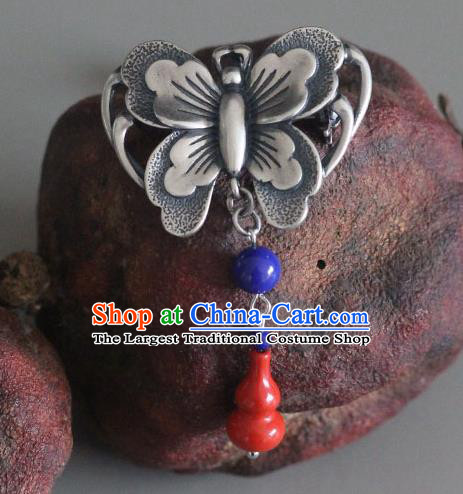 Chinese Handmade National Silver Butterfly Breastpin Pendant Cheongsam Jewelry Accessories Classical Red Gourd Brooch