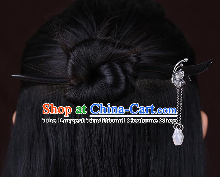 China National Silver Butterfly Ebony Hairpin Handmade Hair Jewelry Accessories Traditional Cheongsam Jade Magnolia Tassel Hair Stick