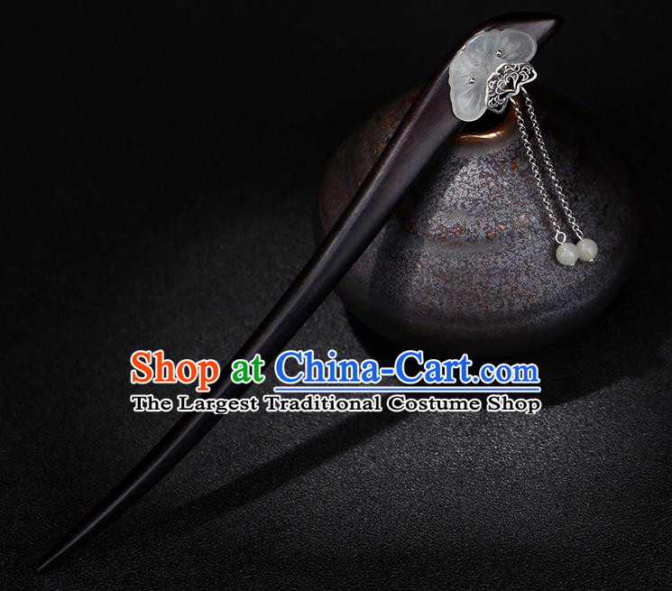 China National Tassel Ebony Hairpin Handmade Hair Jewelry Accessories Traditional Cheongsam Jade Lotus Leaf Hair Stick