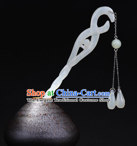 China National White Jade Tassel Ebony Hairpin Handmade Hair Jewelry Accessories Traditional Cheongsam Hair Stick