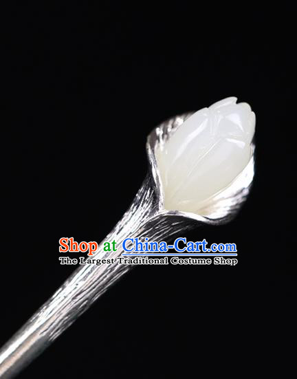 China National Jade Magnolia Hairpin Handmade Hair Jewelry Accessories Traditional Cheongsam Silver Hair Stick