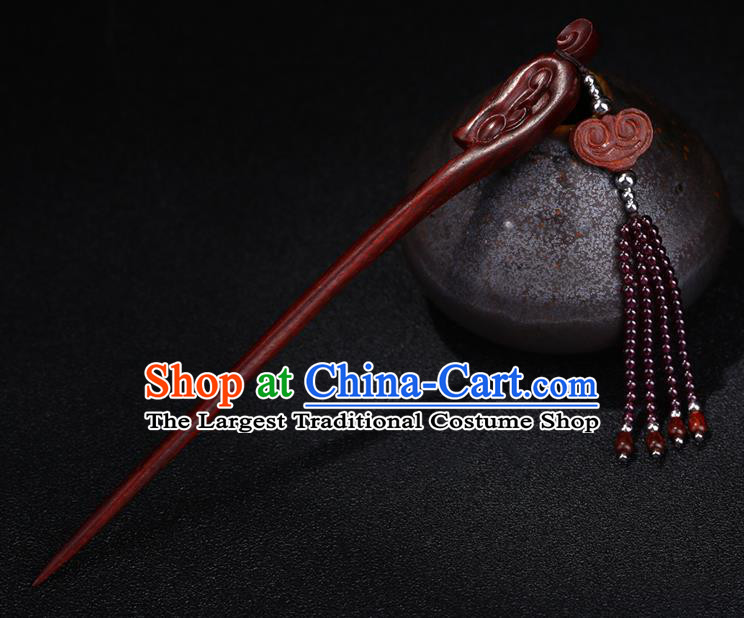 China National Rosewood Carving Hairpin Handmade Hair Jewelry Accessories Traditional Cheongsam Garnet Beads Tassel Hair Stick