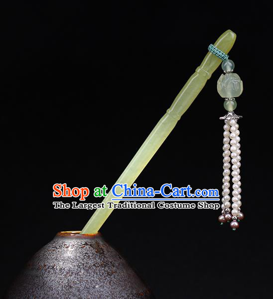 China National Jade Bamboo Hairpin Handmade Hair Jewelry Accessories Traditional Cheongsam Pearls Tassel Hair Clip