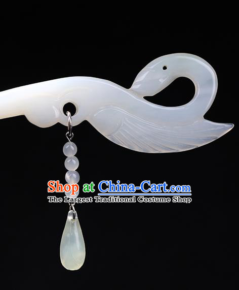 China National White Jade Swan Hairpin Handmade Hair Jewelry Accessories Traditional Cheongsam Tassel Hair Clip
