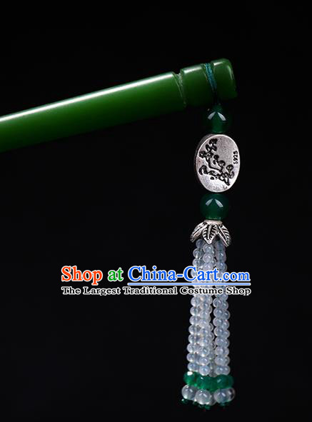 China National Beads Tassel Hairpin Handmade Hair Jewelry Accessories Traditional Cheongsam Green Jade Hair Clip